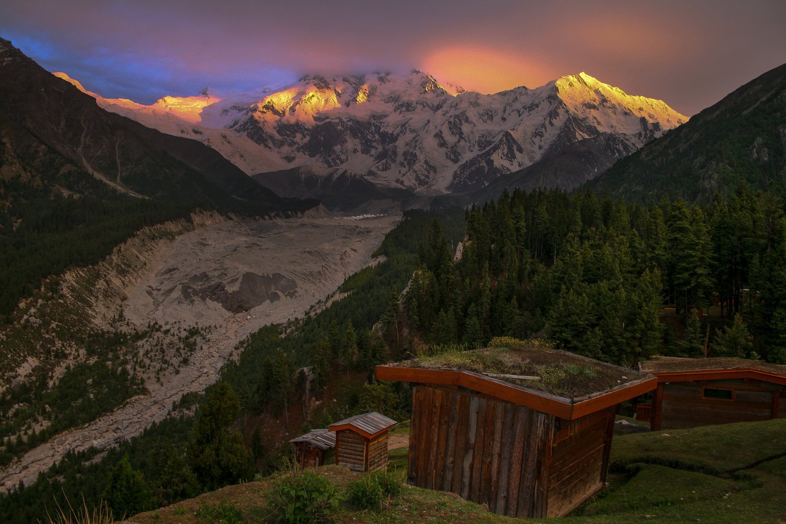 Fairy Meadows cabins and mountain landscape near Nanga Parbat, Pakistan